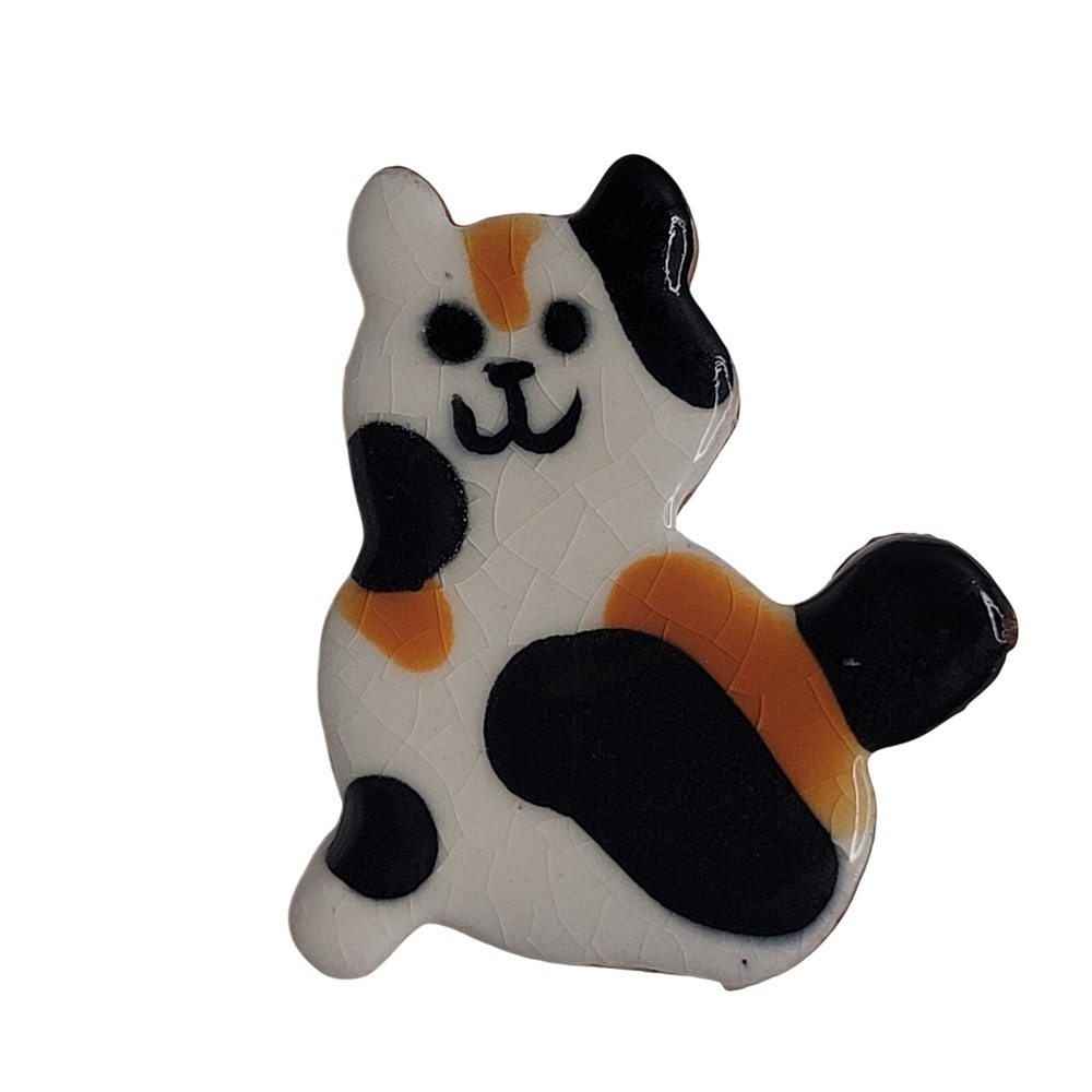 Vintage Hand Painted‎ Calico Cat Brooch Pin Kitty Cute Sweet